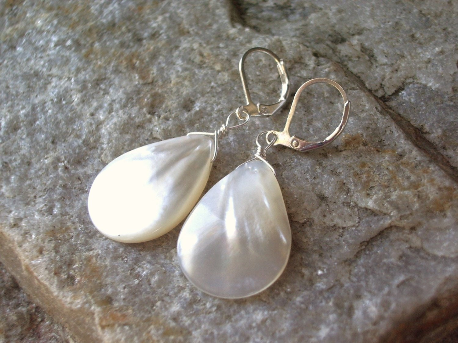 white pearl earrings, mother of pearl teardrops, lightweight,  silver lever back ear wires