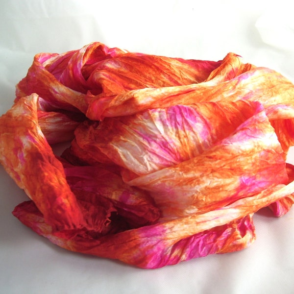 Orange Fire and Hot Pink silk scarf 13 " x 70 " Hand dyed