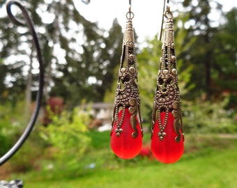 Red sea glass earrings - Antiqued darkened Brass - long vintage style - choice hook or closed ear wires