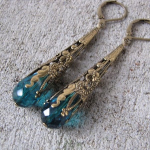 long Victorian style glass crystal earrings - bronze antique style - choice of bead color and ear wire - lever back wires
