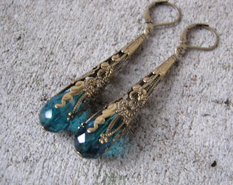 long Victorian style glass crystal earrings - bronze antique style - choice of bead color and ear wire - lever back wires