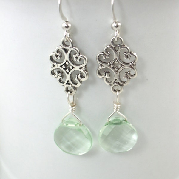 cute aqua blue-green quartz gemstone and silver drop dangle earrings