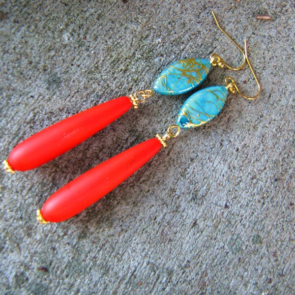 extra long earrings Turquoise and orange earrings hippie bohemian colorful fun dangle earrings