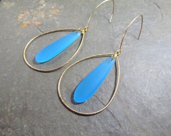 turquoise blue sea glass earrings, gold hoops, teardrop,  extra long, lightweight earrings