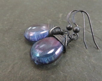 blue amethyst earrings - Czech glass teardop beads - vintage sterling silver wire wrap