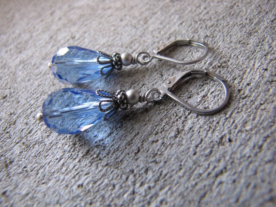 Boucles D'oreilles Pendantes Facettées Verre - À Fermoir Levier - Occasion - Envoi USA Uniquement