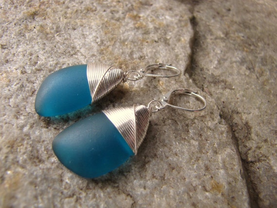 Teal sea glass earrings - cultured beach glass jewelry