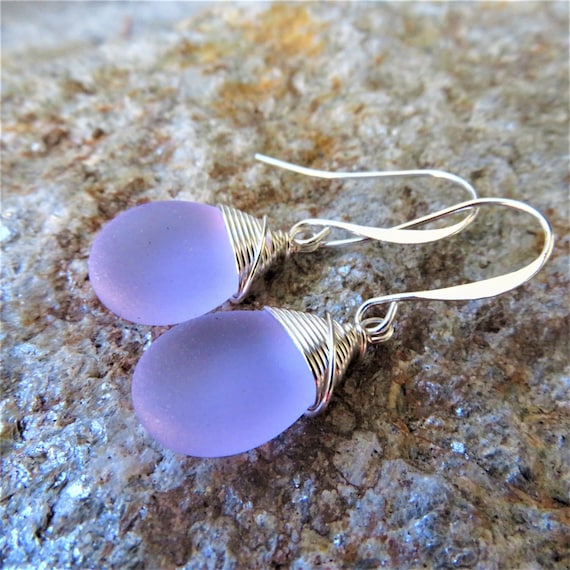 sea glass teardrop earrings with custom wire wrapping