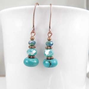 Dainty Turquoise Gemstone Earrings - Antique copper jewelry - tall French ear wires