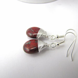 May include: A pair of dangle earrings featuring oval-shaped, red and green speckled stones. The stones are wrapped with silver wire and attached to silver-colored fish hook ear wires. The earrings are displayed on a white surface.