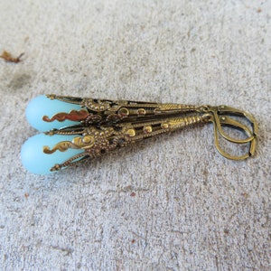 Long Sea Glass earrings Victorian Style Vintage Brass image 6