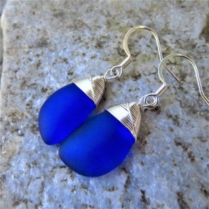 Cobalt blue sea glass earrings - choice of earrings only, necklace only or set of both - silver wire wrapped jewelry