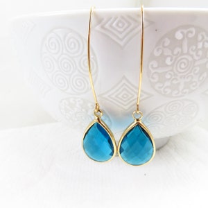 Teal blue gold glass teardrop earrings
