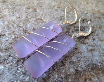 Periwinkle purple cultured sea glass earrings - wire wrapped - beach jewelry - lever back ear wires - choice of glass colors and materials