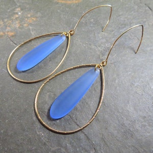 blue sea glass earrings, gold hoops, teardrop,  extra long, lightweight earrings