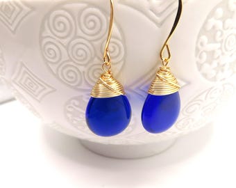 cobalt blue glass earrings,   gold wire wrapping