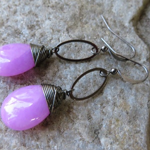 Pink Jade earrings - black jewelry - wire wrapped