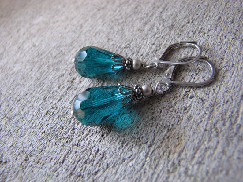 minimalist glass teardrop stainless steel lever back ear wires Victorian style Teal earrings antique style dark silver