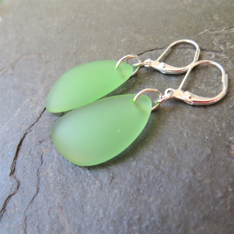 Sea Glass Earrings with Lever back ear wires - cultured beach glass jewelry - Choice of glass color and material at checkout PERIDOT GREEN