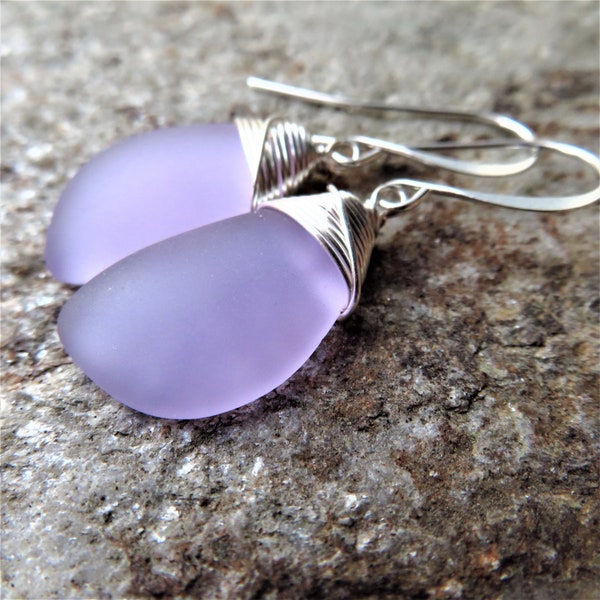 purple sea glass earrings - wire wrapped earrings - choice of material