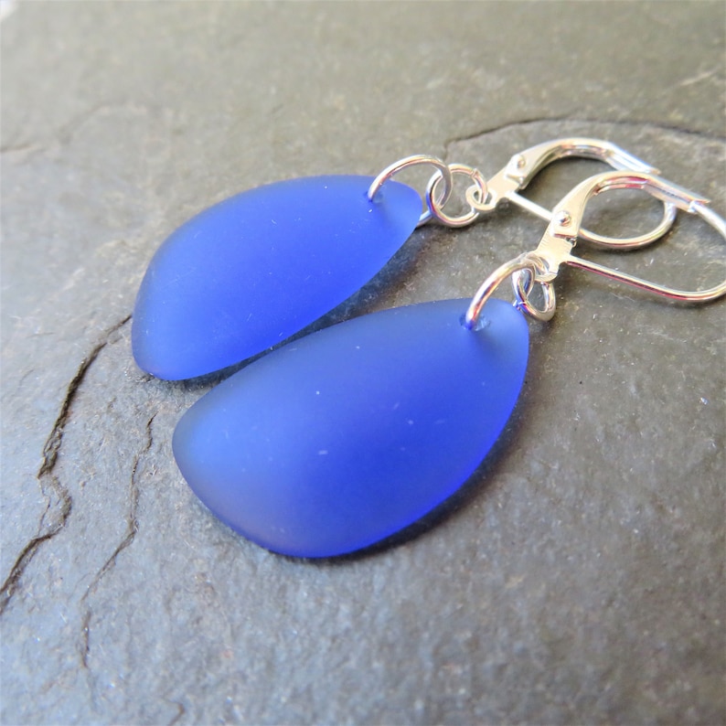 Sea Glass Earrings with Lever back ear wires - cultured beach glass jewelry - Choice of glass color and material at checkout DARK BLUE
