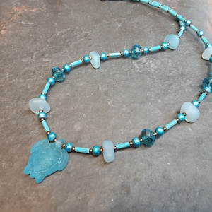 Blue turtle Sea Glass beaded necklace adjustable 17-19"
