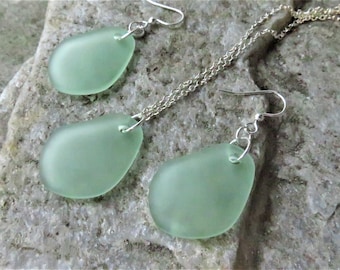 light green sea glass necklace and earrings set