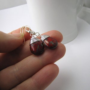 Picasso Czech glass red teardrop earrings, silver wire wrapped jewelry image 4