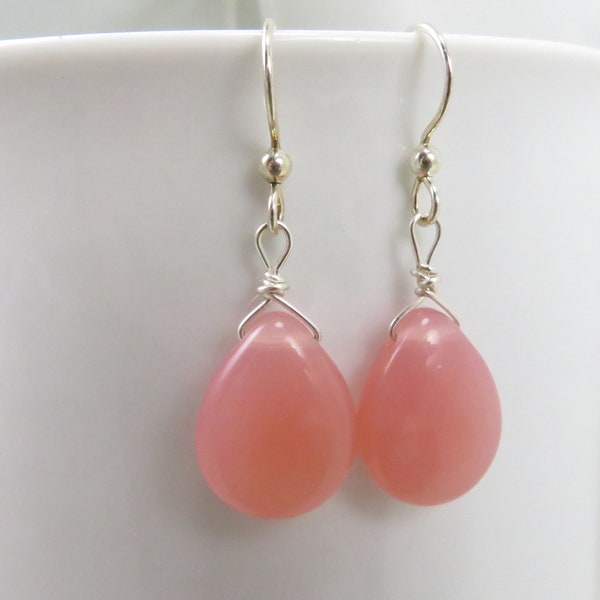 Salmon pink earrings,  wire wrapped,  tear drop,  smooth glass, dangle earrings