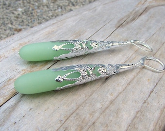 Long seafoam green earrings, sea glass teardrops, beach glass jewelry, vintage style