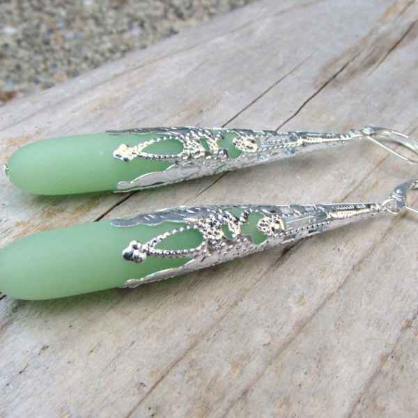 Long seafoam green earrings, sea glass teardrops, beach glass jewelry, vintage style