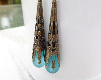 Aqua sea glass earrings, long Victorian style antique bronze jewelry