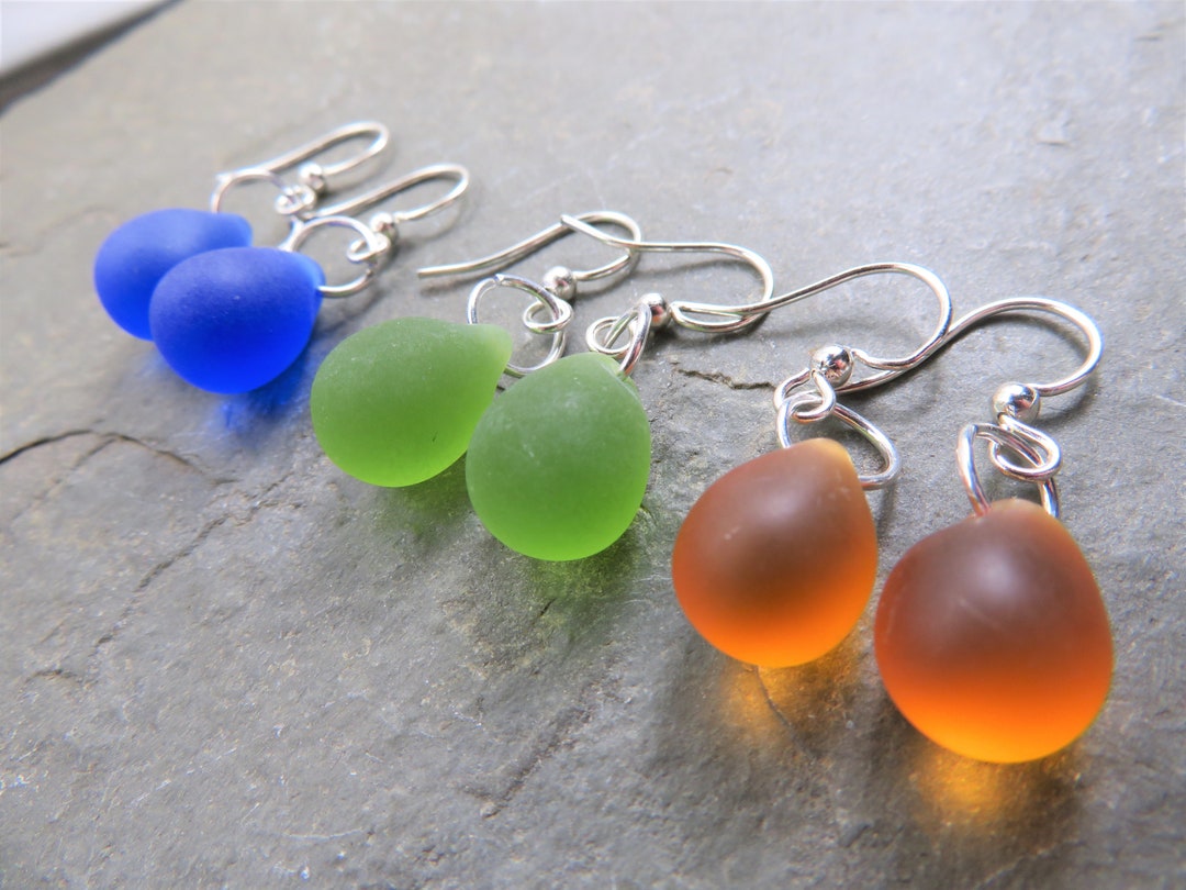 Sea Glass Drop Earrings - Choice of Blue, Green - Tiny Minimalist ...