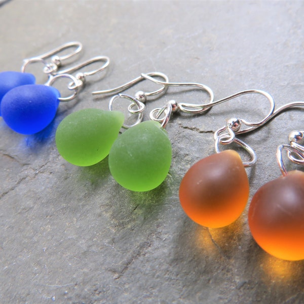 sea glass drop earrings - choice of blue, green - tiny minimalist jewelry