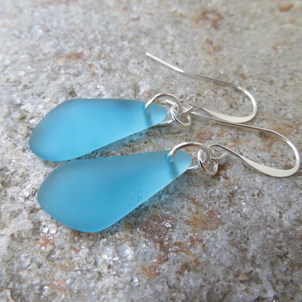 turquoise blue sea glass earrings - cultured frosted beach jewelry