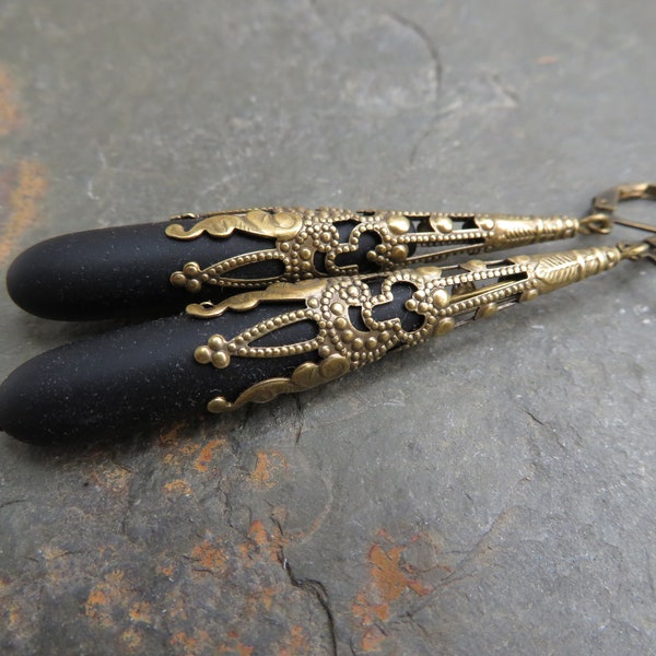 black earring extra long earrings  black glass teardrops bridesmaid earrings antique bronze lever back wires