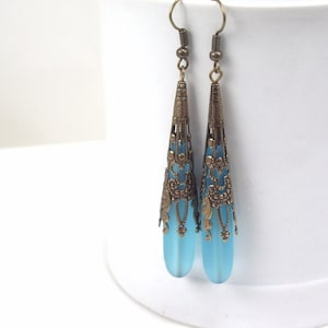 blue sea glass earrings - long earrings - bronze vintage style jewelry