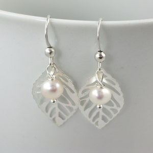 silver leaf dangle earrings - white pearl accent - delicate lightweight