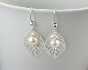 silver leaf dangle earrings - white pearl accent - delicate lightweight