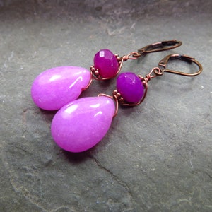 pink Jade Gemstone Earrings - Multi-gems collection - Antique copper jewelry - tall French ear wires