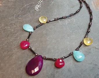 Blackberry Purple Chalcedony multi-gemstone faceted teardrop beaded necklace