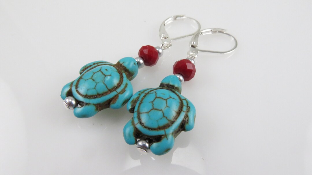 Turquoise Turtle Earrings red Velvet Crystal Leverback Ear Etsy