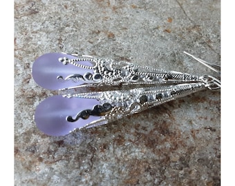 Lilac Purple sea glass earrings - Long Antique style lightweight earrings