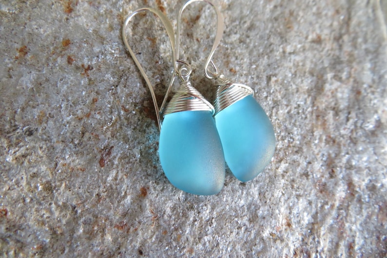 Sea glass earrings cultured seaglass jewelry choice of colors and metal silver plated or sterling turquoise blue