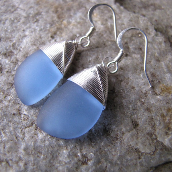 blue sea glass earrings - wire wrapped silver - hypoallergenic ear wires