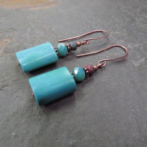Turquoise Gemstone Earrings - Antique copper jewelry - tall French ear wires