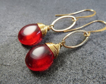 long red dangle earrings,  gold wire wrapped earrings , glass teardrop, gold hoop, lead and nickel free jewelry