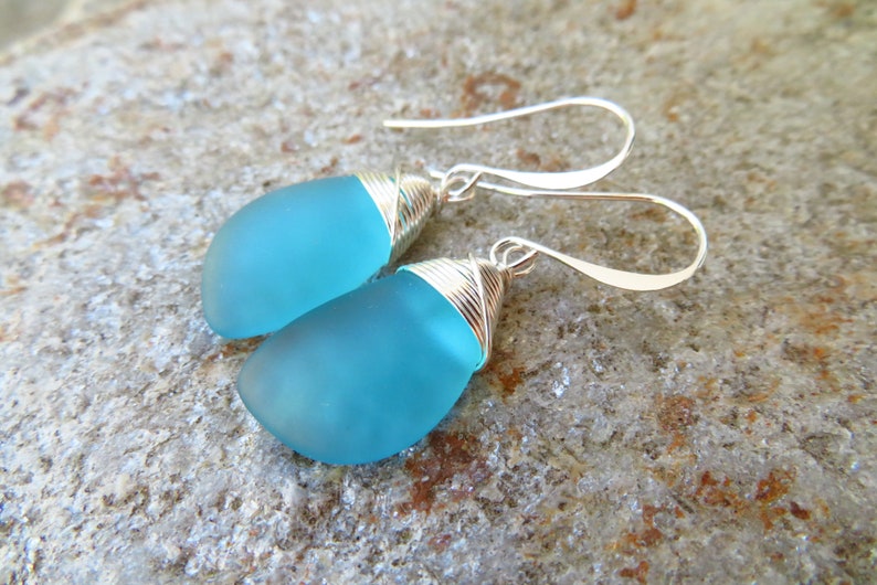 Sea glass earrings cultured seaglass jewelry choice of colors and metal silver plated or sterling pacific blue