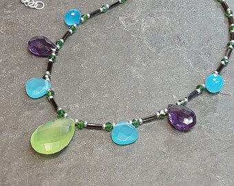 Green chalcedony multi-gems necklace adjustable 18-20" sterling silver