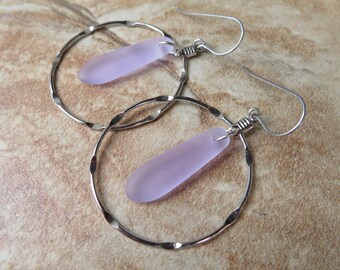 Pale purple sea glass earrings - dark silver hoops - vintage style - choice of ear wires